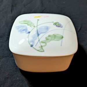 Vintage Floral White Porcelain Trinket Box - 5" Square - Made in Japan